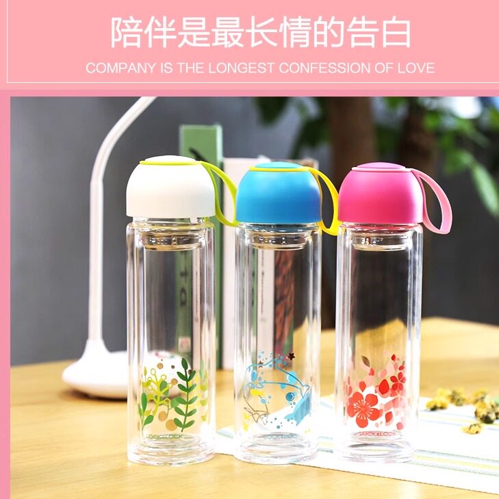 正品乐扣耐热玻璃杯 双层茶杯子可爱型 350ml运动便携水杯LLG654