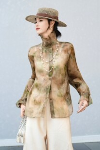 欧货真丝欧根绡面料晕染印花荷叶边立领显瘦减龄气质百搭衬衫上衣