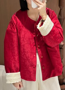 欧货新款定制丝麻面料新中式提花夹棉圆领袖口拼丝绒蕾丝棉服外套