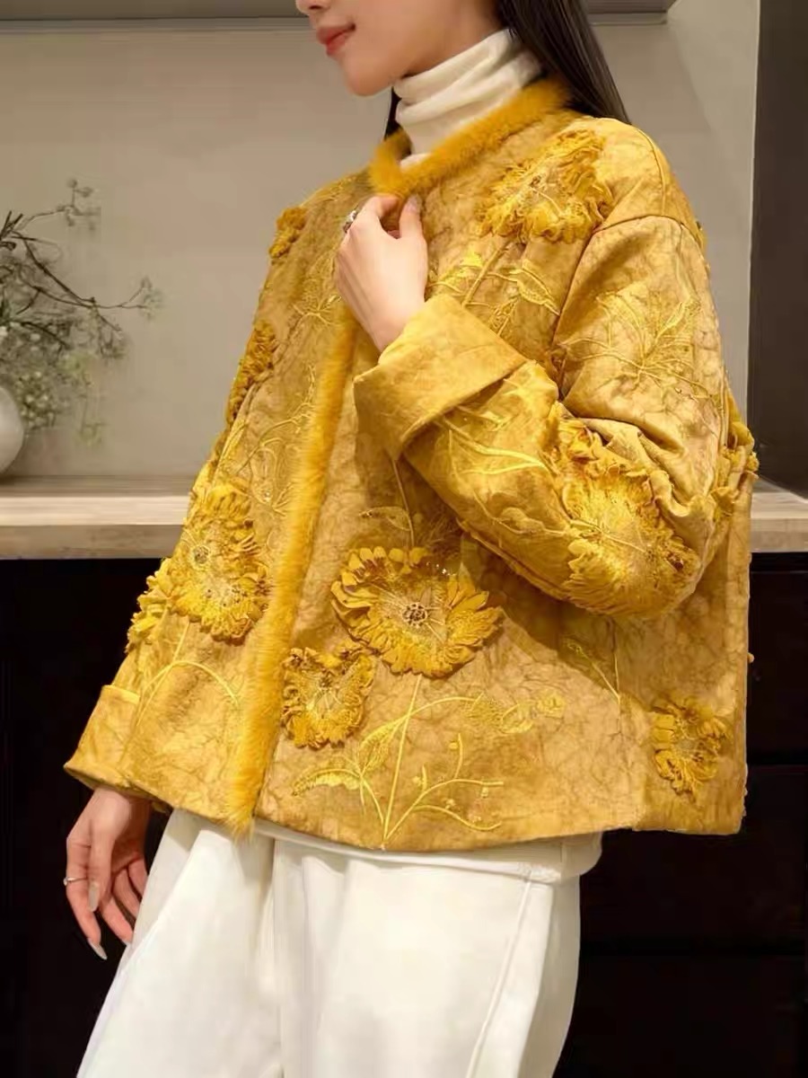 欧货新款立体花朵亮片刺绣夹棉外套新中式提花重工国风外套上衣