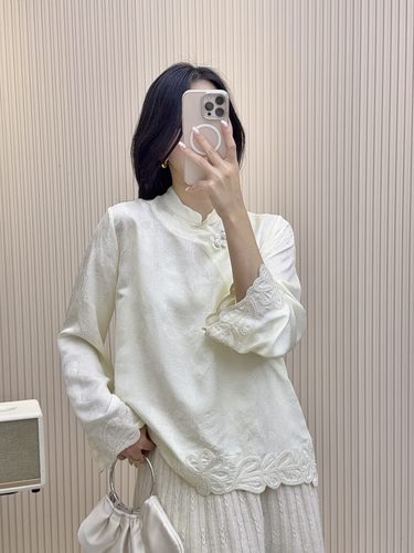 欧货真丝面料新中式提花重工绣花锈珠立领斜襟盘扣国风衬衫上衣