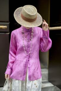 欧货100%真丝欧根缎面料精致立体玫瑰暗纹提花立领盘扣国风衬衫