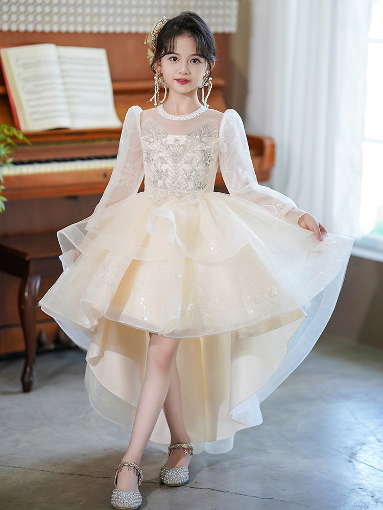女童长袖燕尾裙花童婚礼小女孩高端生日宴会礼服主持人钢琴演奏裙