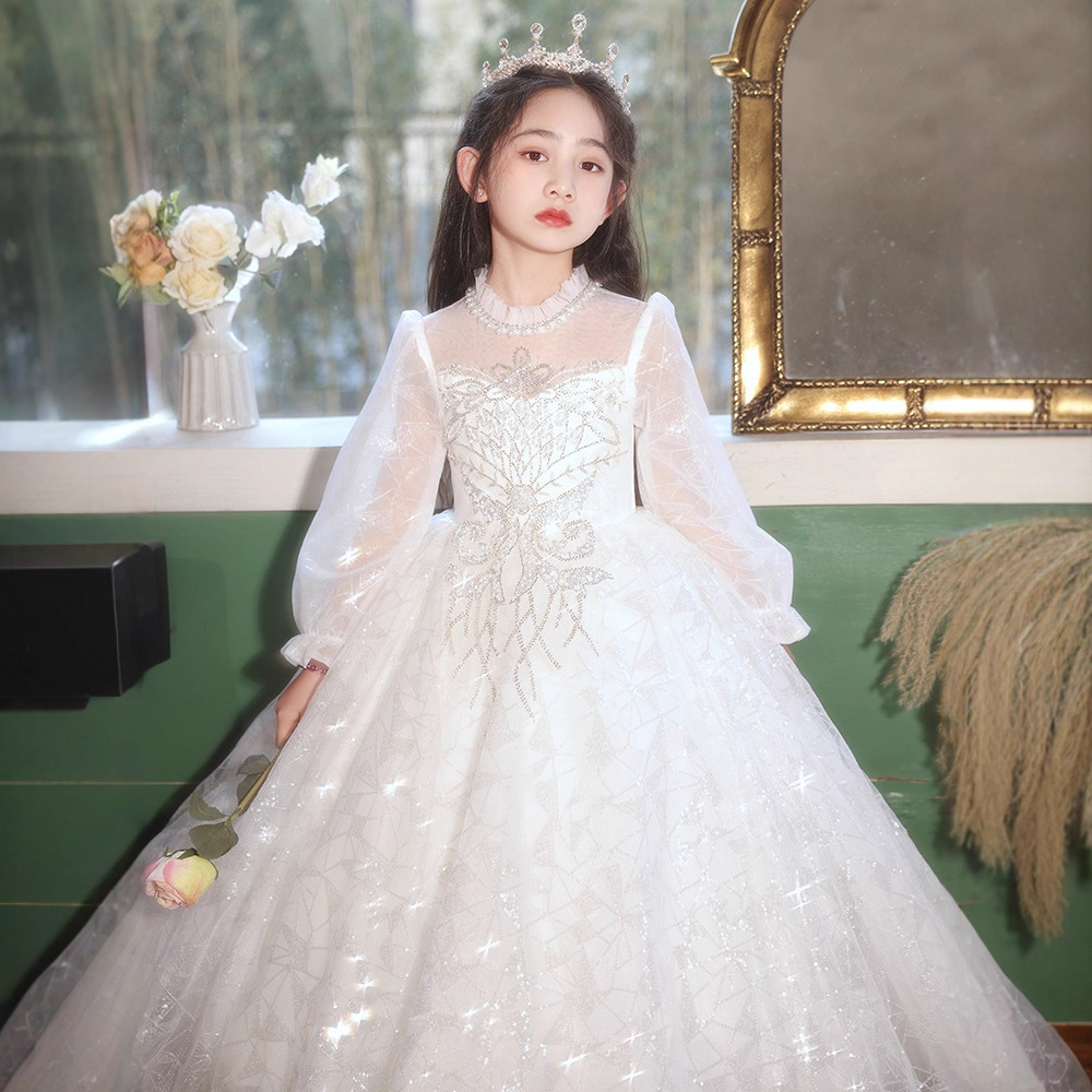 小女孩白色超仙气质公主裙女大童高档礼服钢琴主持人生日考级演出