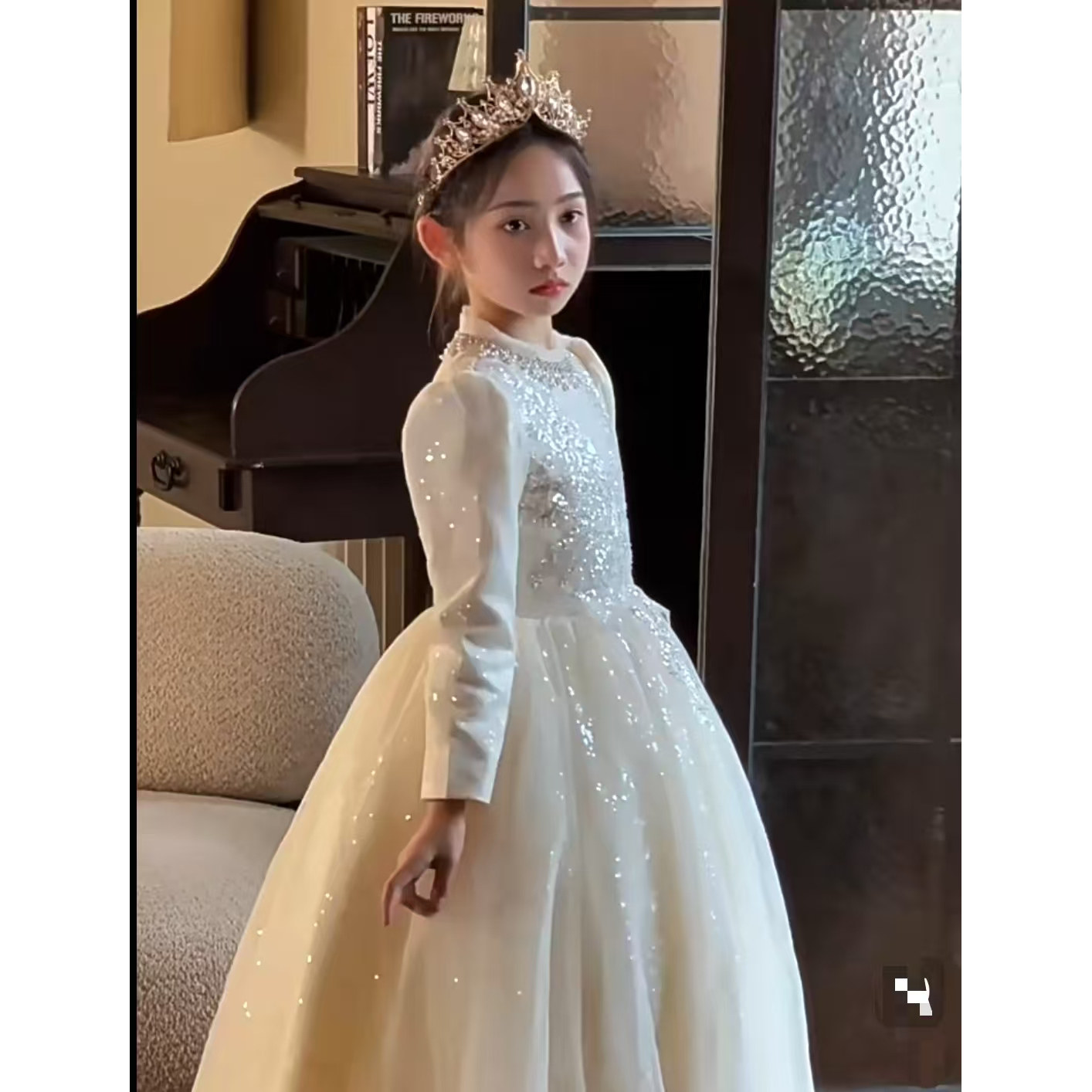 香槟色花童生日走秀礼服小女孩秋冬公主裙女大童钢琴主持人演出服