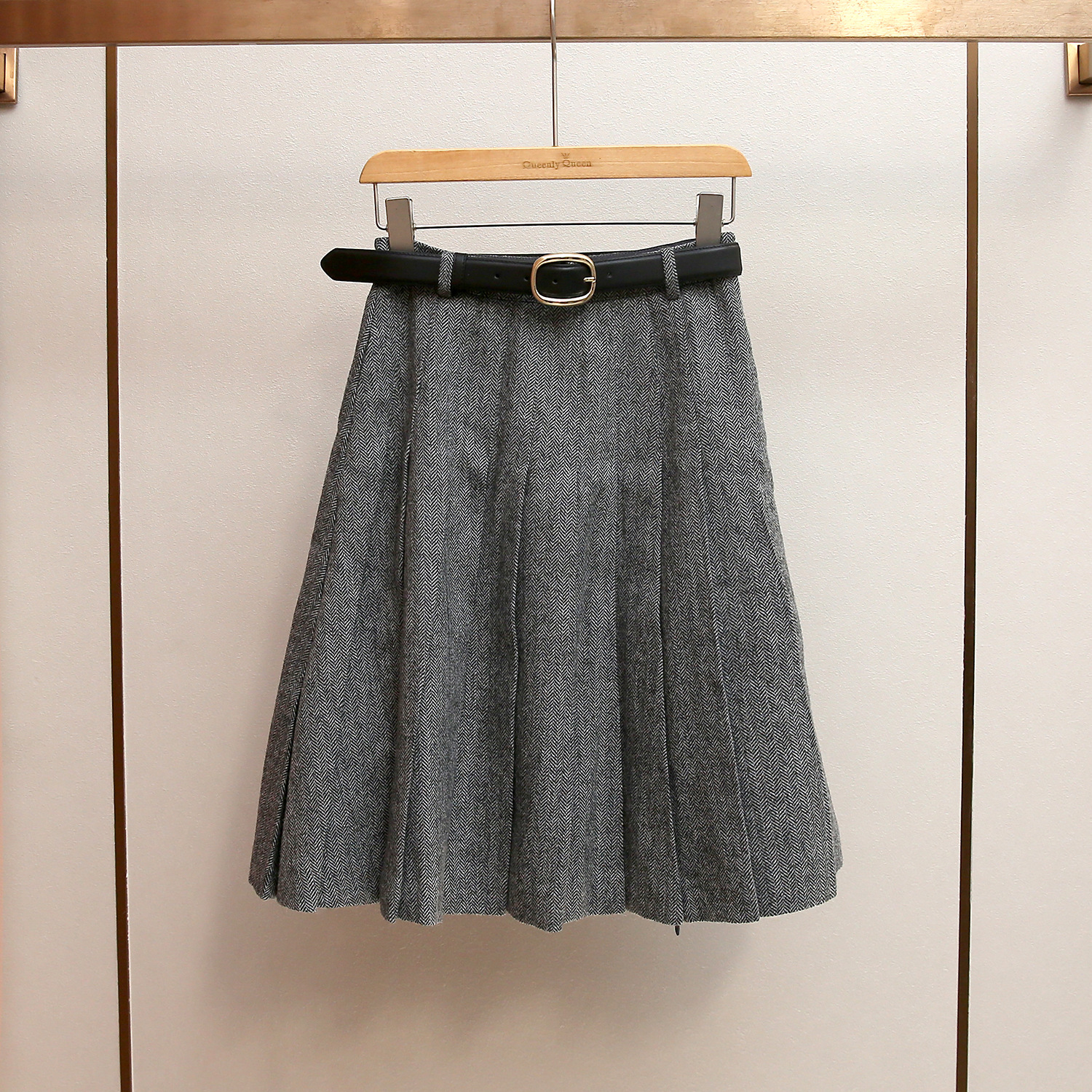 SP家秋冬新款韩系百搭A字格雷系显瘦腰带搭配中款开叉百褶半身裙