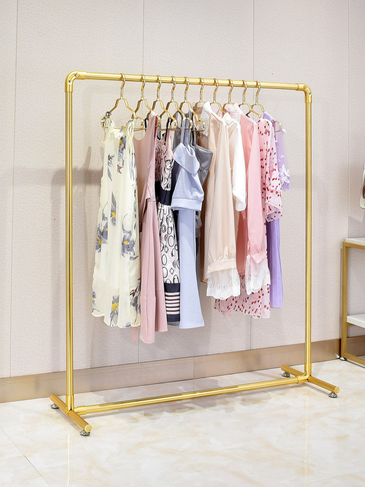 服装店展示架铝合金中岛架金色单杠服装架女装店双层挂衣架落地式