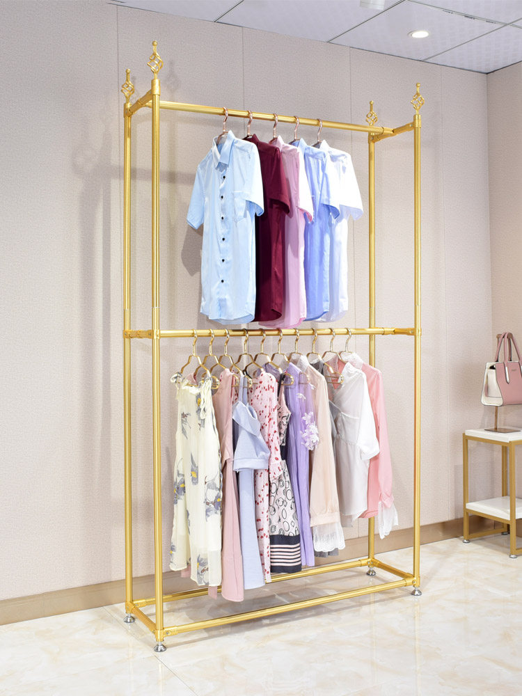 铝合金双层服装架大型挂衣架金色服装展示架陈列架落地架服装货架