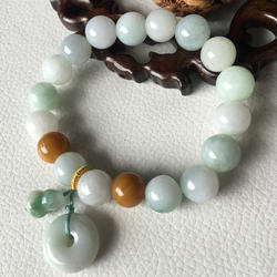 随机瑕疵清仓 缅甸天然a货翡翠三彩佛珠手串中号圆珠带玉吊坠手链