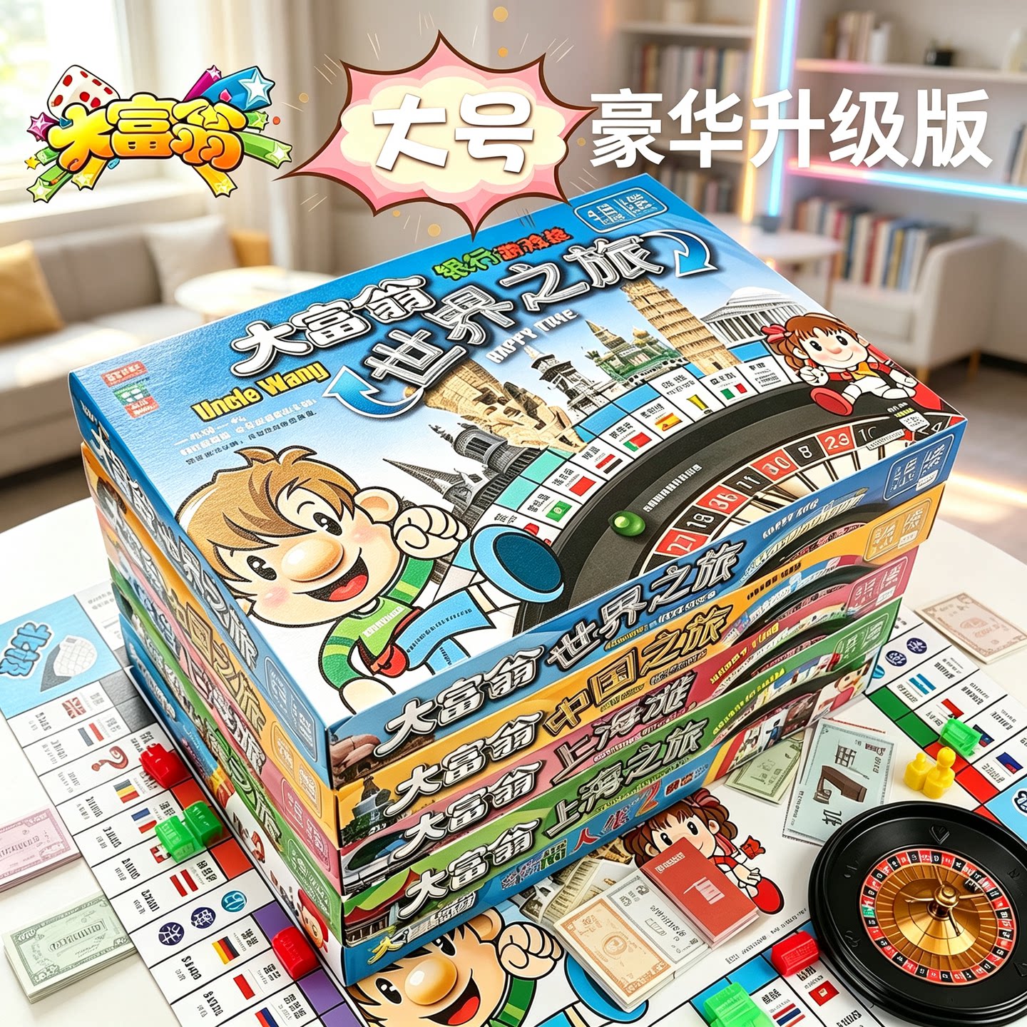 儿童版亲子互动大富翁豪华升级版桌游儿童益智强手棋世界之旅游戏 - 实物图