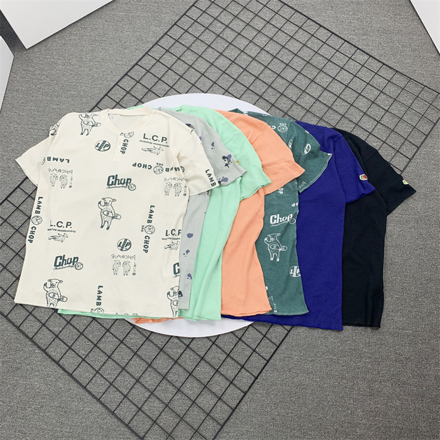 日系华夫格亨利领短袖T恤家居衣