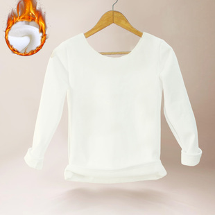 加绒加厚纯白色儿童大圆领长袖t恤 男童女童大领口保暖衣打底衫