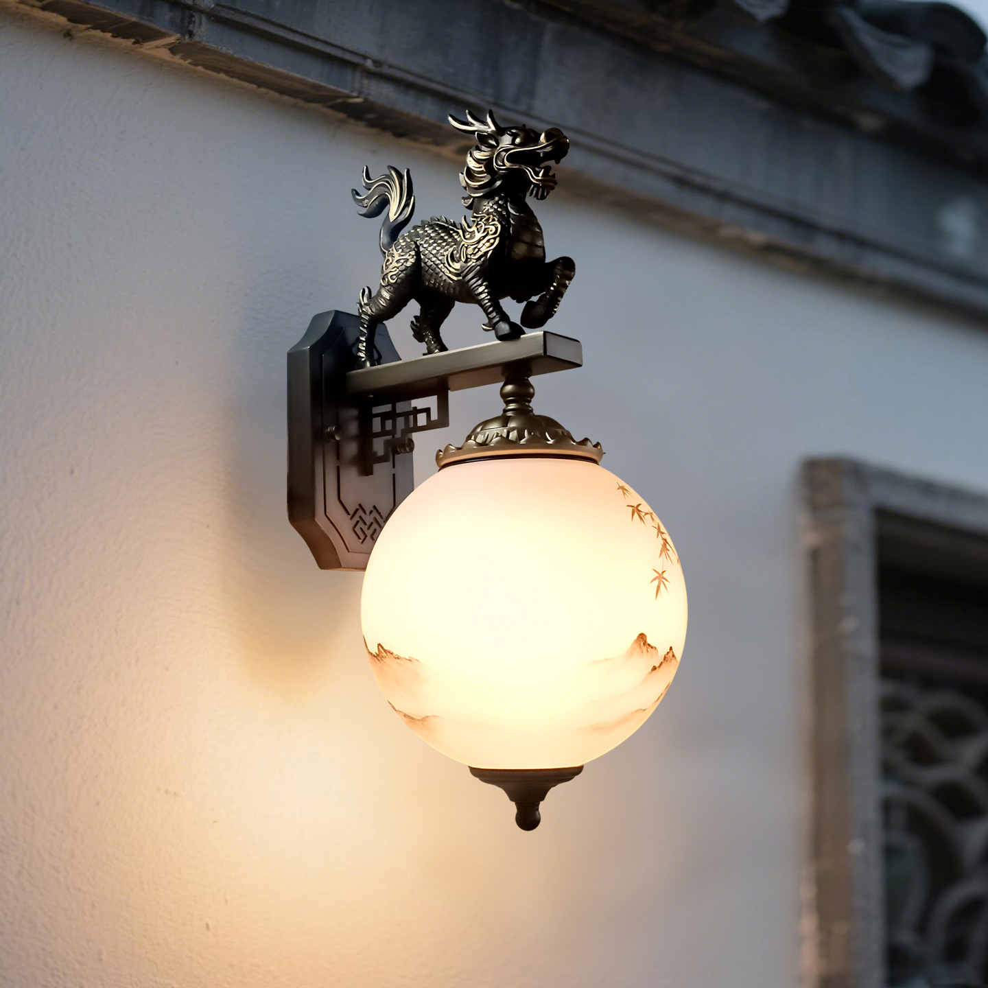 新款户外院墙新中式麒麟壁灯