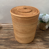 带盖藤编家用客厅垃圾桶北欧卧室收纳美式 复古原木侘寂风废纸篓
