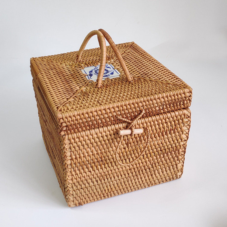 越南藤编收纳盒七子饼提手茶叶罐普洱茶散茶方形收纳桶纯手工特价