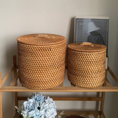 越南秋藤编收纳筒高档废纸篓带盖