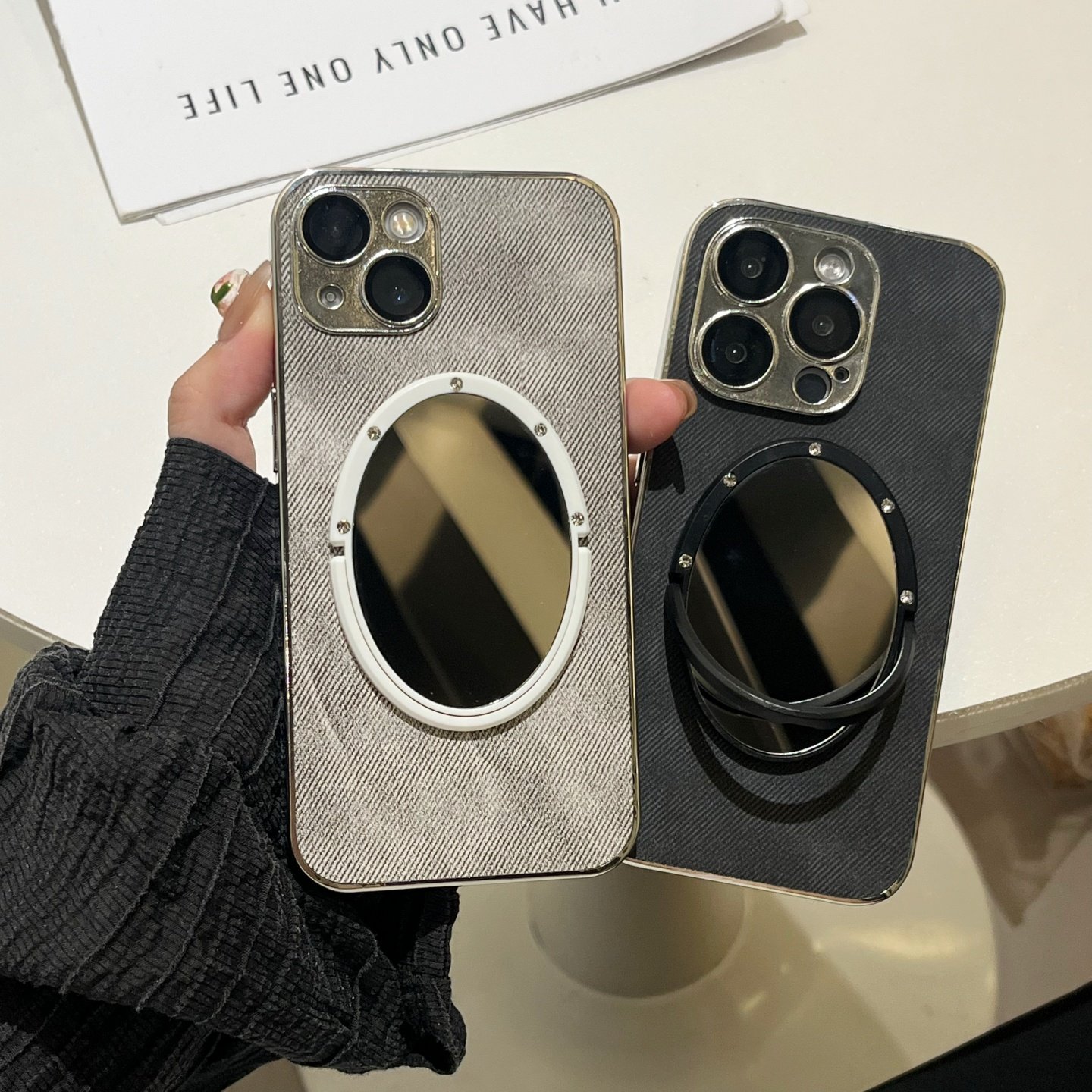 牛仔纹电镀硬壳适用iphone16/17promax镜子手机壳灰色13/14苹果15promax黑色布纹保护壳简约高级感新款女全包