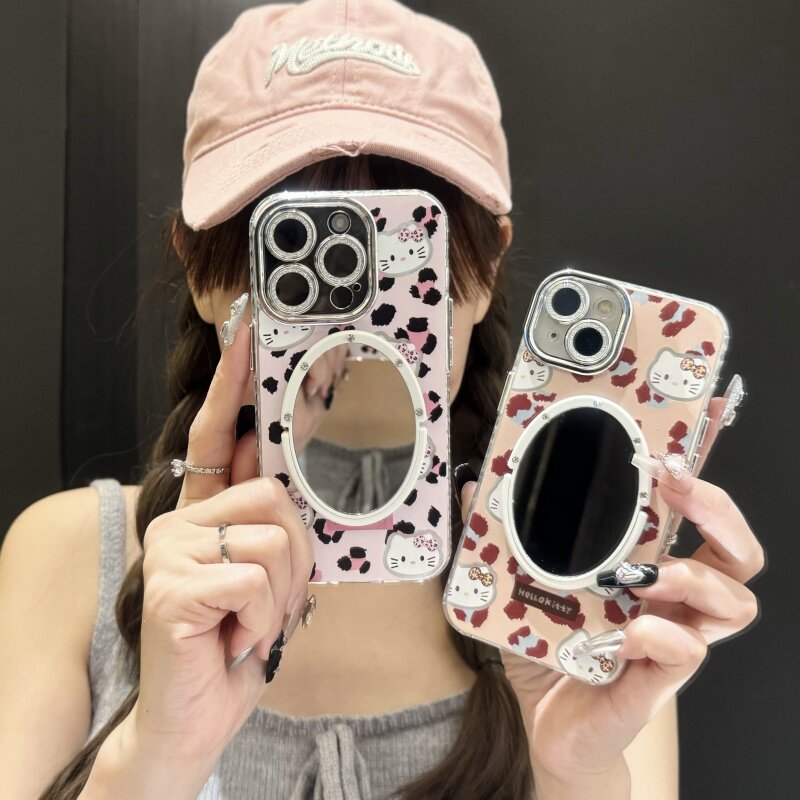 粉豹纹kt猫适用iphone17/15promax镜子手机壳羽纱纹16promax苹果13/14全包镜头闪粉保护壳软新款凯蒂猫卡通女