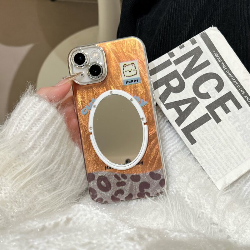 西高地小狗羽纱棕色iphone17/15promax镜子手机壳拼接豹纹条纹16pro苹果13/14带镜头膜闪粉保护套软适用12女