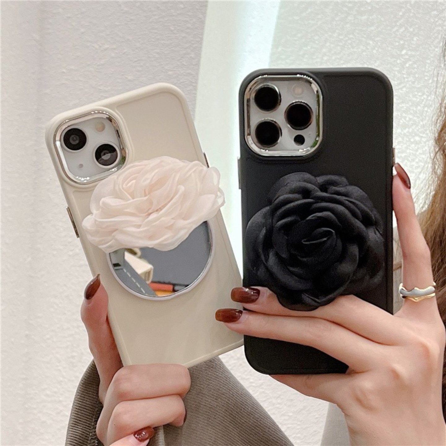 翻盖镜子花朵立体iphone17/16promax手机壳支架13苹果15pro欧根纱保护套14软硅胶磨砂适用17air折叠镜面新款