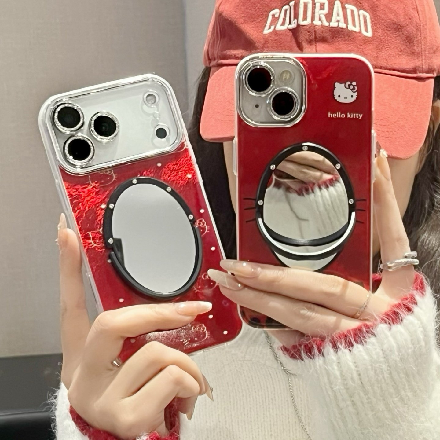 喜庆新年款红色kt猫适用iphone16/17promax镜子手机壳波点kt猫豹纹13/14苹果15/16pro全包保护壳锡纸冰川纹软