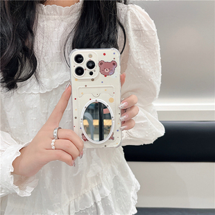 小熊插卡包适用iphone16promax镜子手机壳卡通棕色熊17promax苹果14 13可爱保护壳零钱包波点卡套软女全包