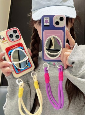 米老鼠波点插卡包iphone16/17promax镜子手机壳手提绳卡通米奇14pro苹果13/15卡套保护壳手拎腕带挂绳紫怪兽
