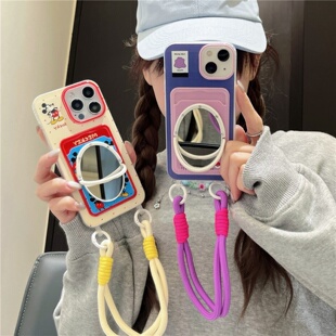 米老鼠波点插卡包iphone16 15卡套保护壳手拎腕带挂绳紫怪兽 17promax镜子手机壳手提绳卡通米奇14pro苹果13