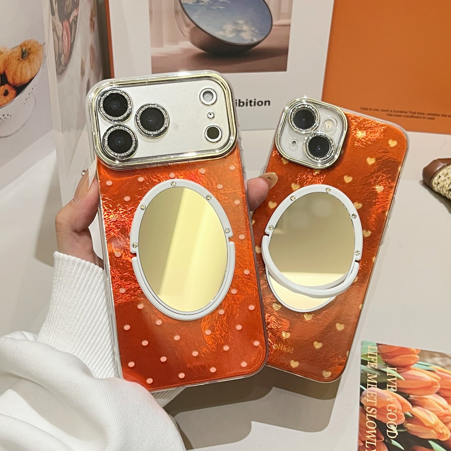 橙色爱心冰川纹适用iphone17/16promax镜子手机壳全包镜头膜13/14苹果15promax波点保护壳锡纸纹简约新款防摔