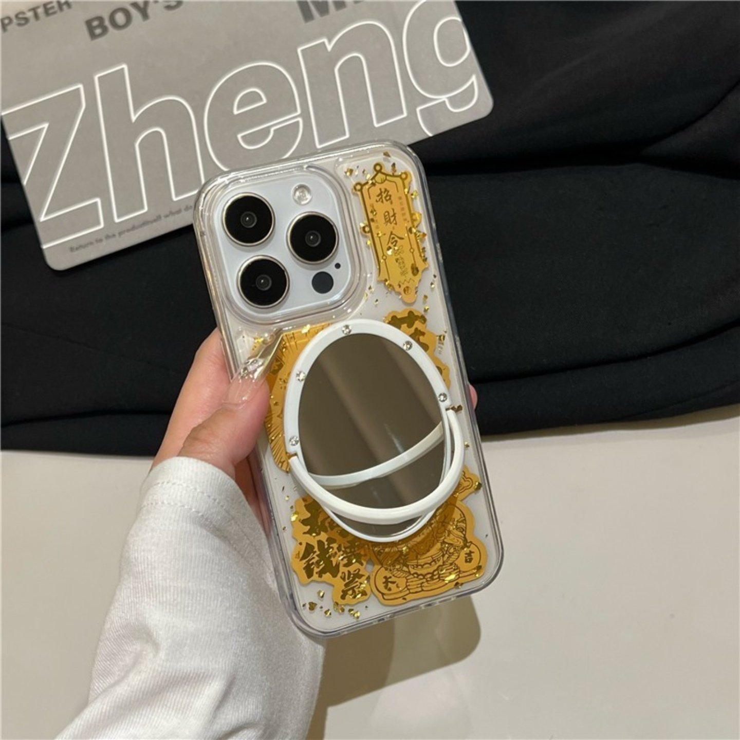 招财令金色国风适用iphone17/16promax镜子手机壳金箔滴胶13/14苹果15/17pro透明保护壳搞钱要紧新年款财神爷