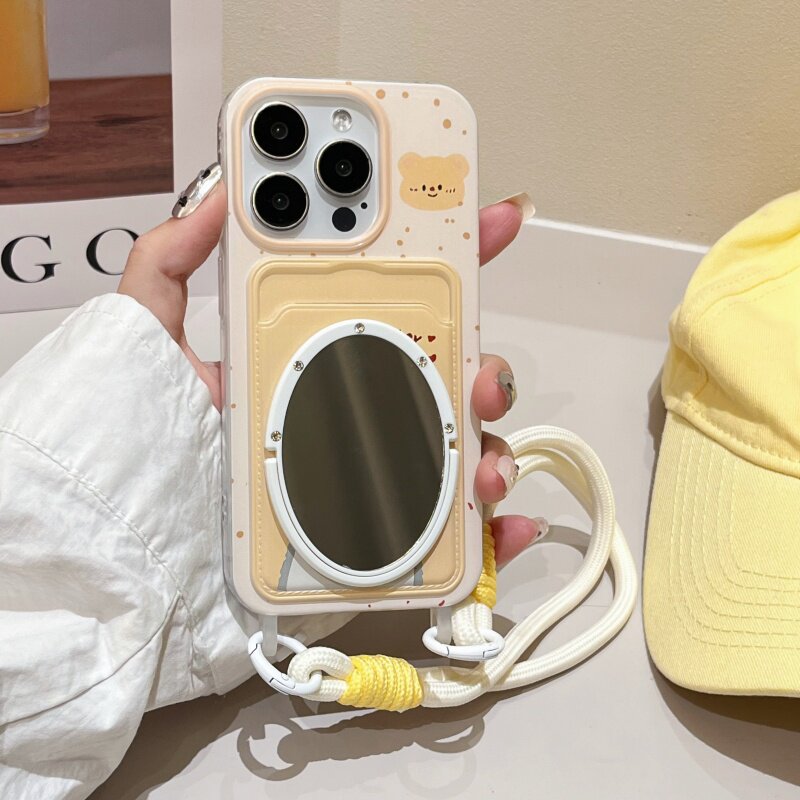 卡包手提绳适用iphone17/16promax镜子手机壳黄维尼小熊苹果13/14手拎挂绳腕带保护壳插卡套15pro零钱包镜面