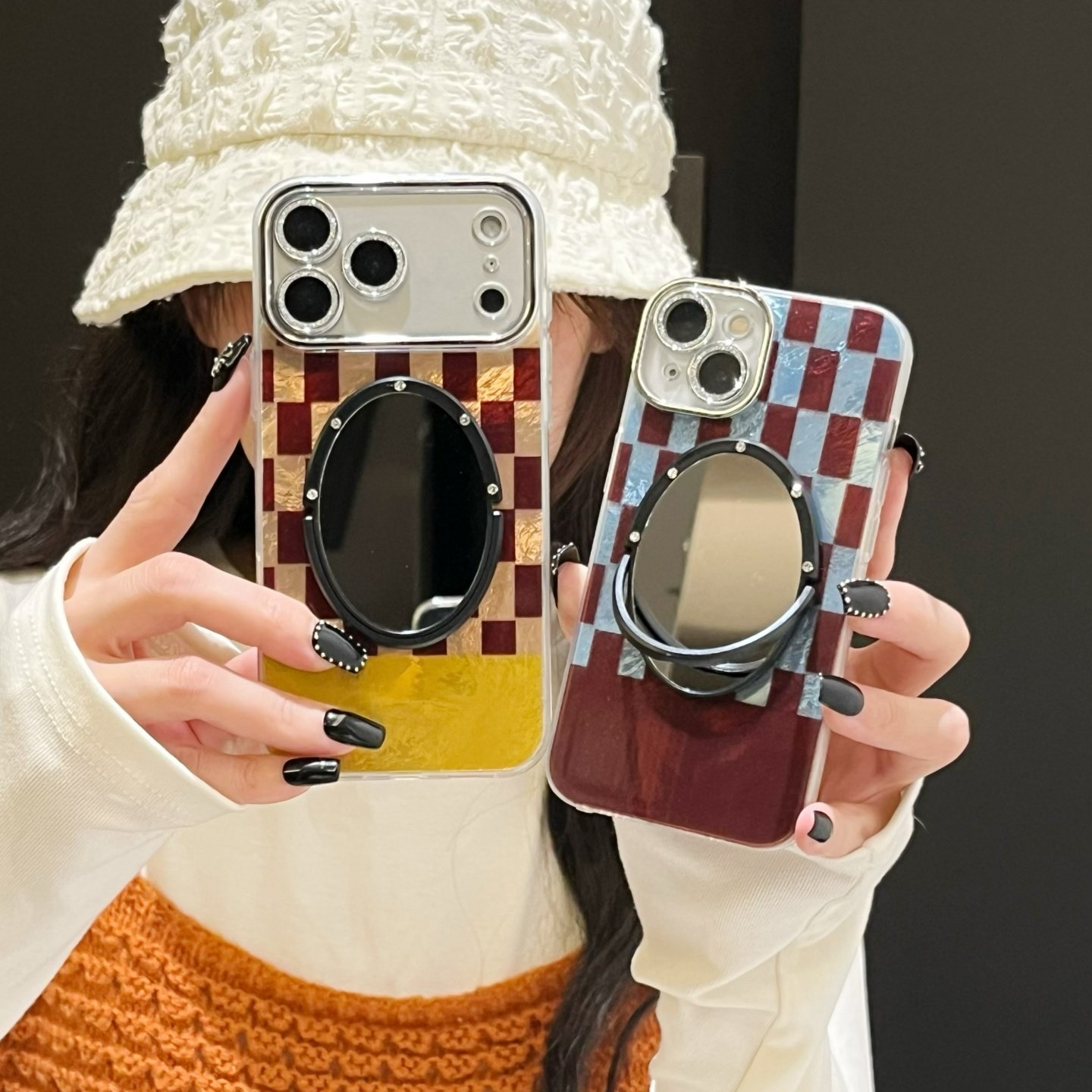 复古棕黄拼接格子锡纸纹适用iphone17promax镜子手机壳13/14苹果15/16promax蓝格子保护壳全包带镜头膜冰川纹