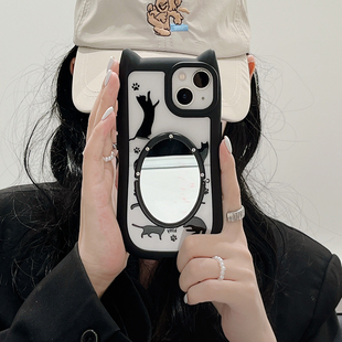 黑色猫咪iphone15镜子手机壳14promax适用11/12苹果13立体猫耳朵保护壳透明可爱卡通猫爪15pro趴趴猫外壳新款