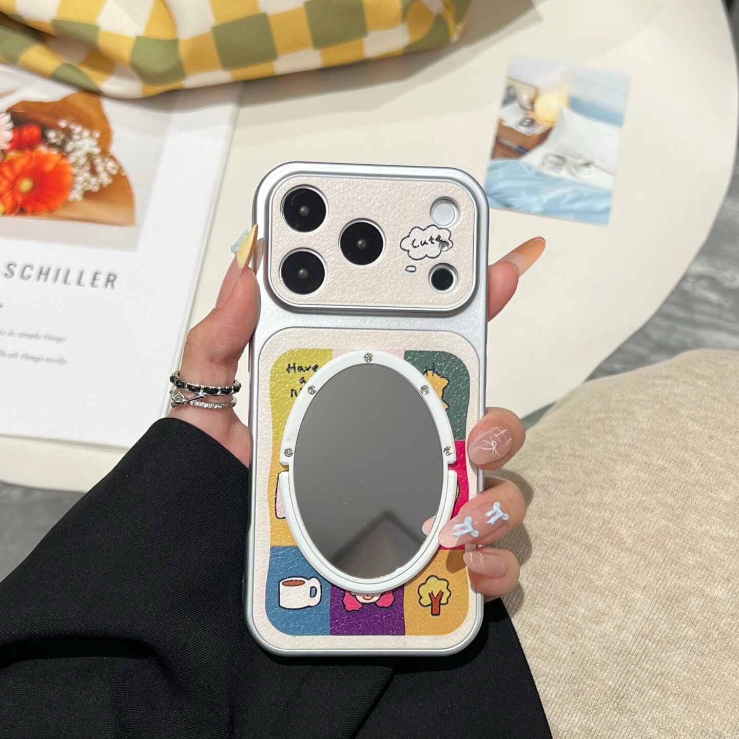 趣味杯子大视窗皮质适用iphone18promax镜子手机壳17pro苹果16promax皮纹保护壳13/14/15磨砂软壳云朵树木女