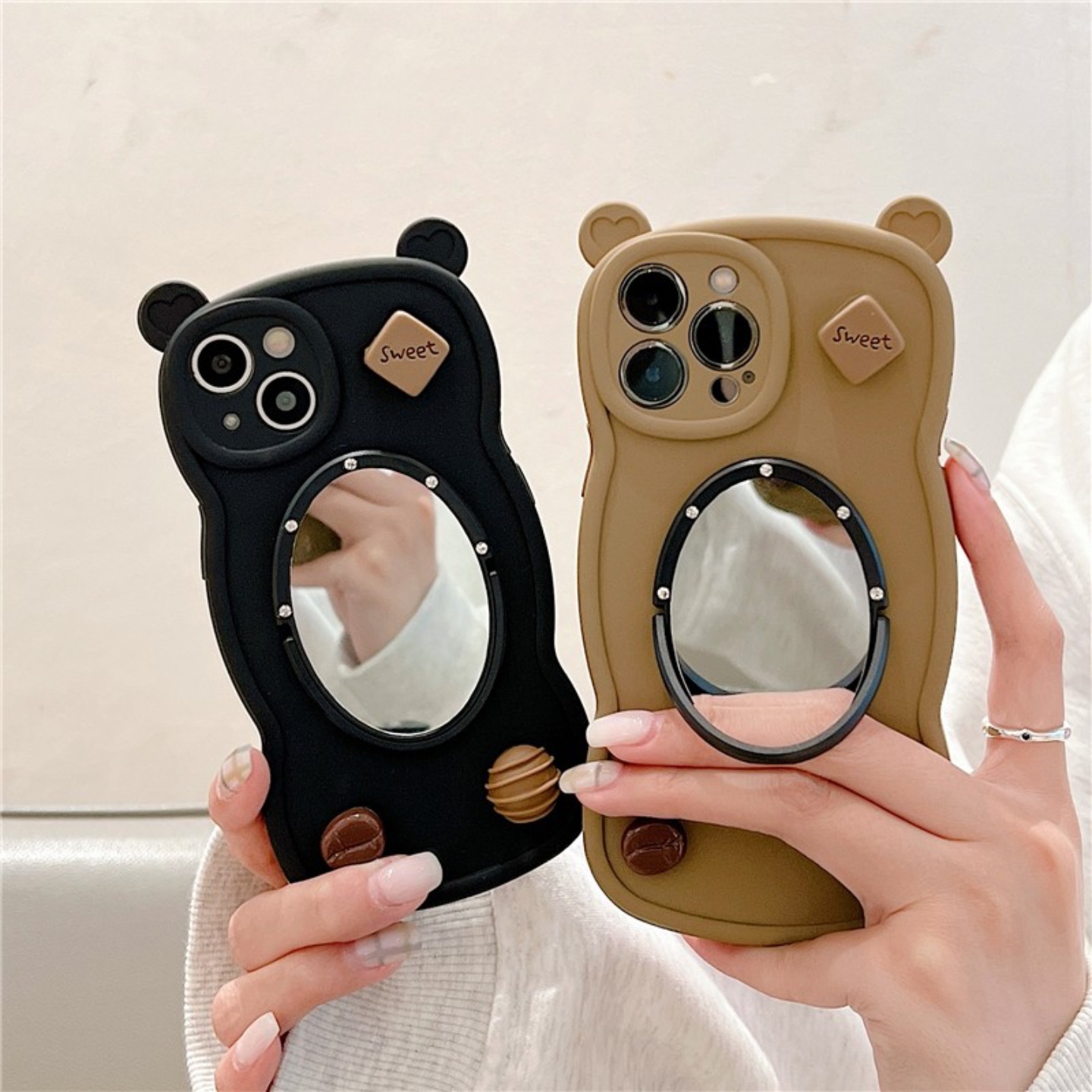 苹果16小熊耳朵卡通镜子手机壳