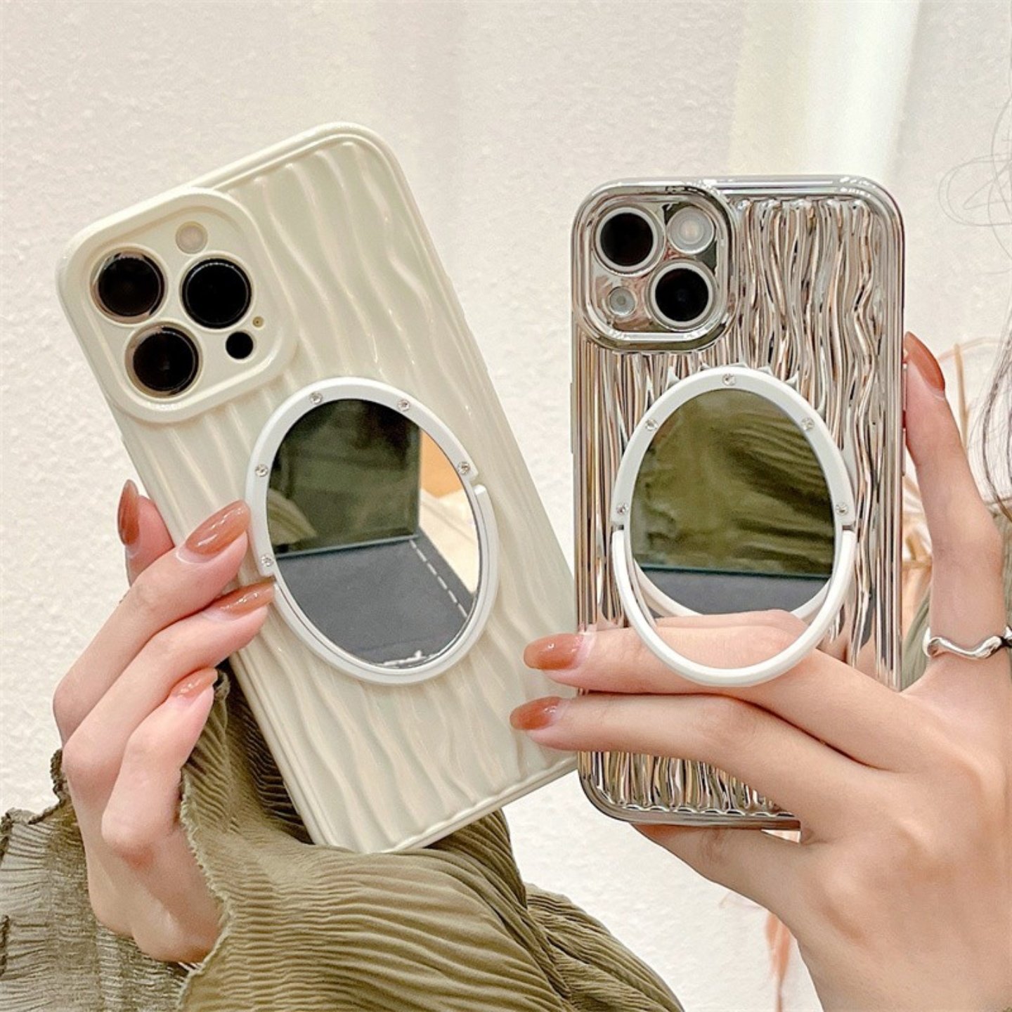 银色波浪纹iphone17/15promax镜子手机壳苹果16pro米白色硅胶套适用13/14电镀高级感保护壳全包镜头防摔新款