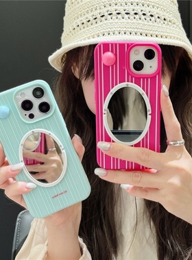 竖条纹适用iphone16promax镜子手机壳15苹果13/14荔枝纹立体波点15pro绿色保护壳玫红色新款11/12软硅胶套女