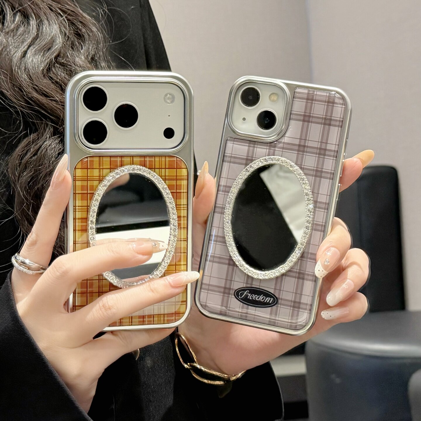 拼色格子橙色滴胶适用iphone16/17promax镜子手机壳13/14苹果15/16promax电镀硬壳浅灰格纹保护壳日韩简约女