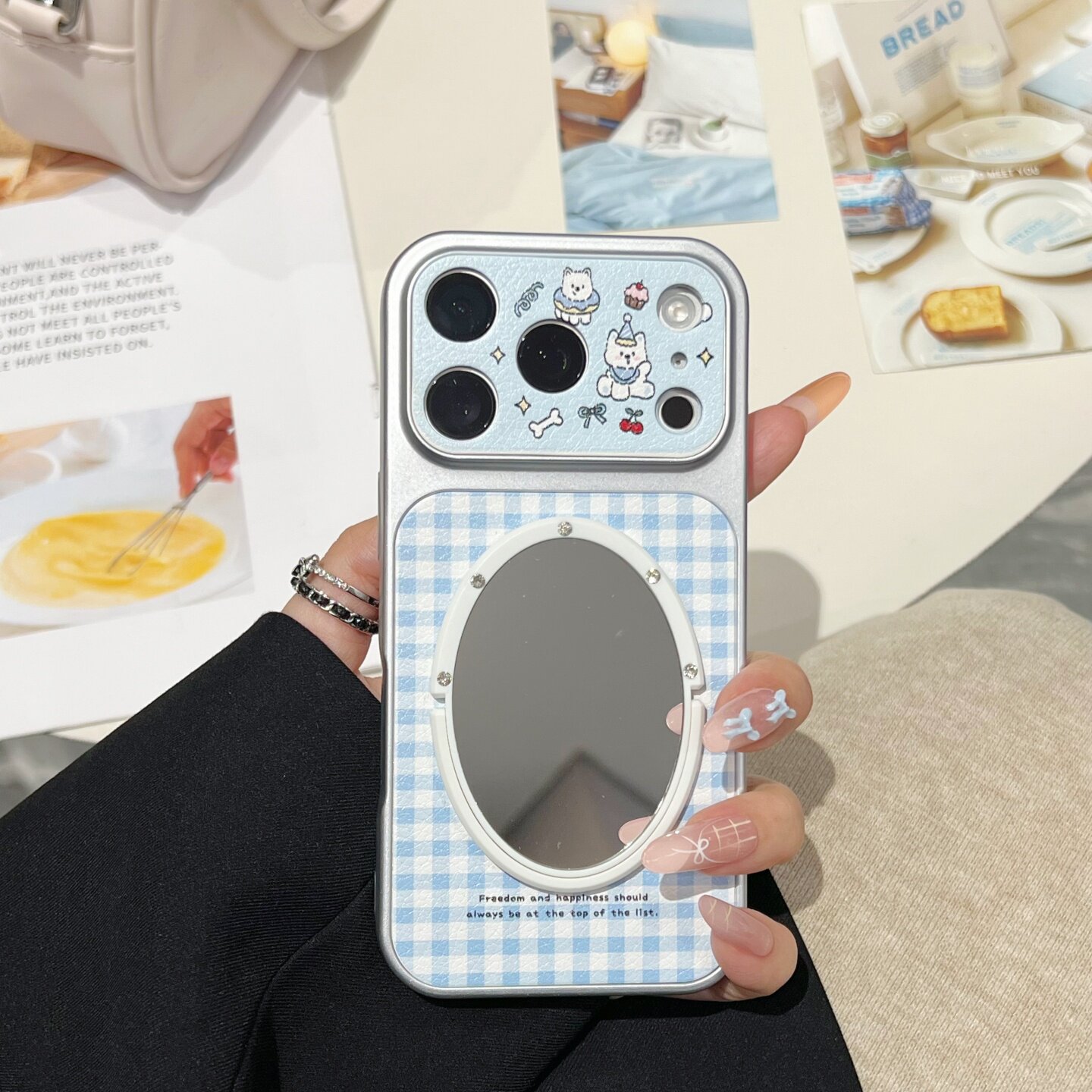 西高地狗秒变17大视窗皮质适用iphone17promax镜子手机壳皮纹13/14苹果15/16promax蓝色格子小狗卡通软壳全包