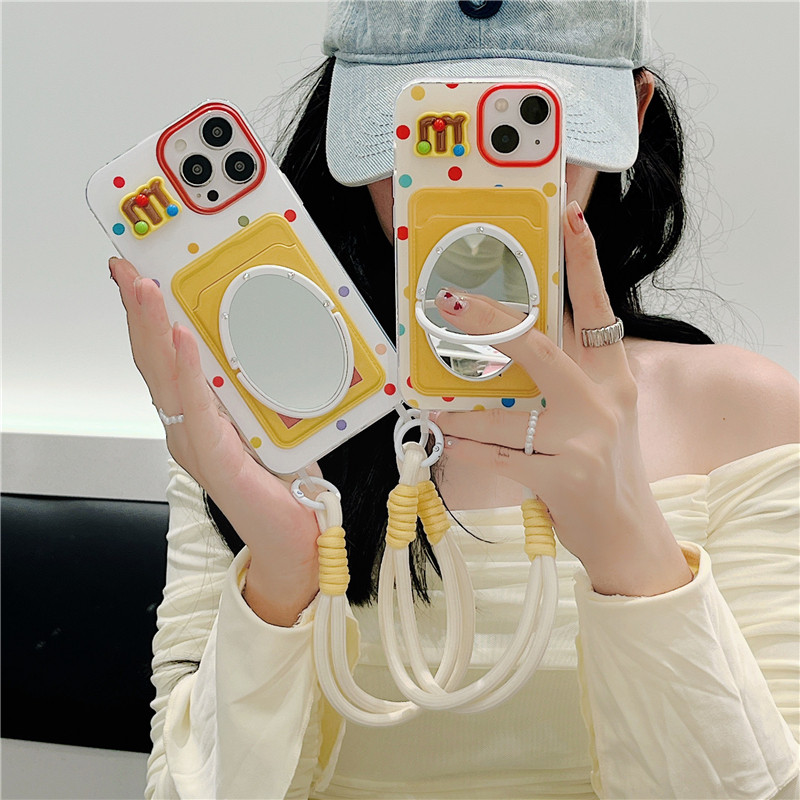 华为p60/pura70pro可插卡彩色波点mate70pro镜子手机壳手提绳短适用mate60pro卡包手拎保护壳立体M豆零钱卡套