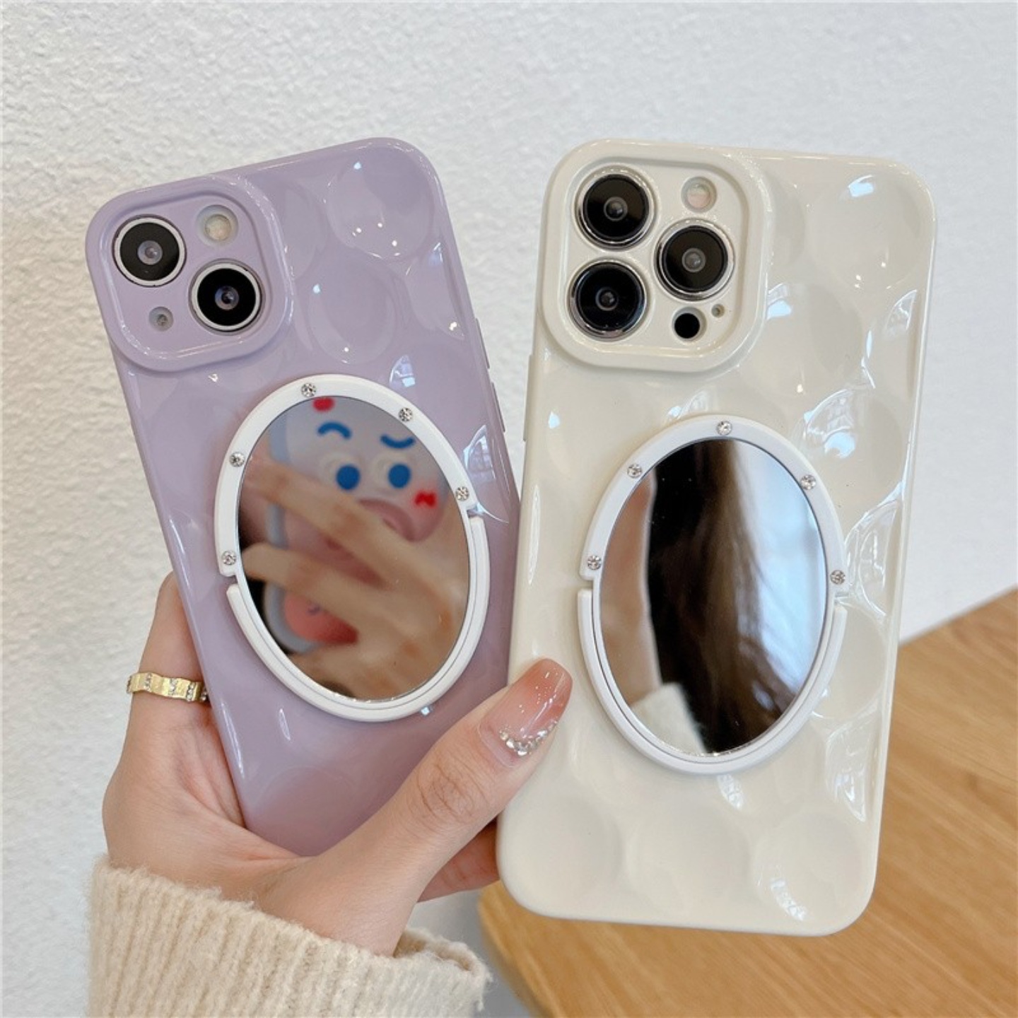 奶白色蜂巢网iphone14/15promax镜子手机壳全包防摔11/12适用苹果13pro紫色保护套亮面高级感补妆镜新款创意x
