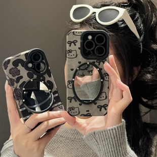 翻毛皮豹纹花朵皮质iphone16/17promax镜子手机壳Kt猫蝴蝶结13苹果14暗黑复古磨砂保护壳硅胶套适用15pro爱心