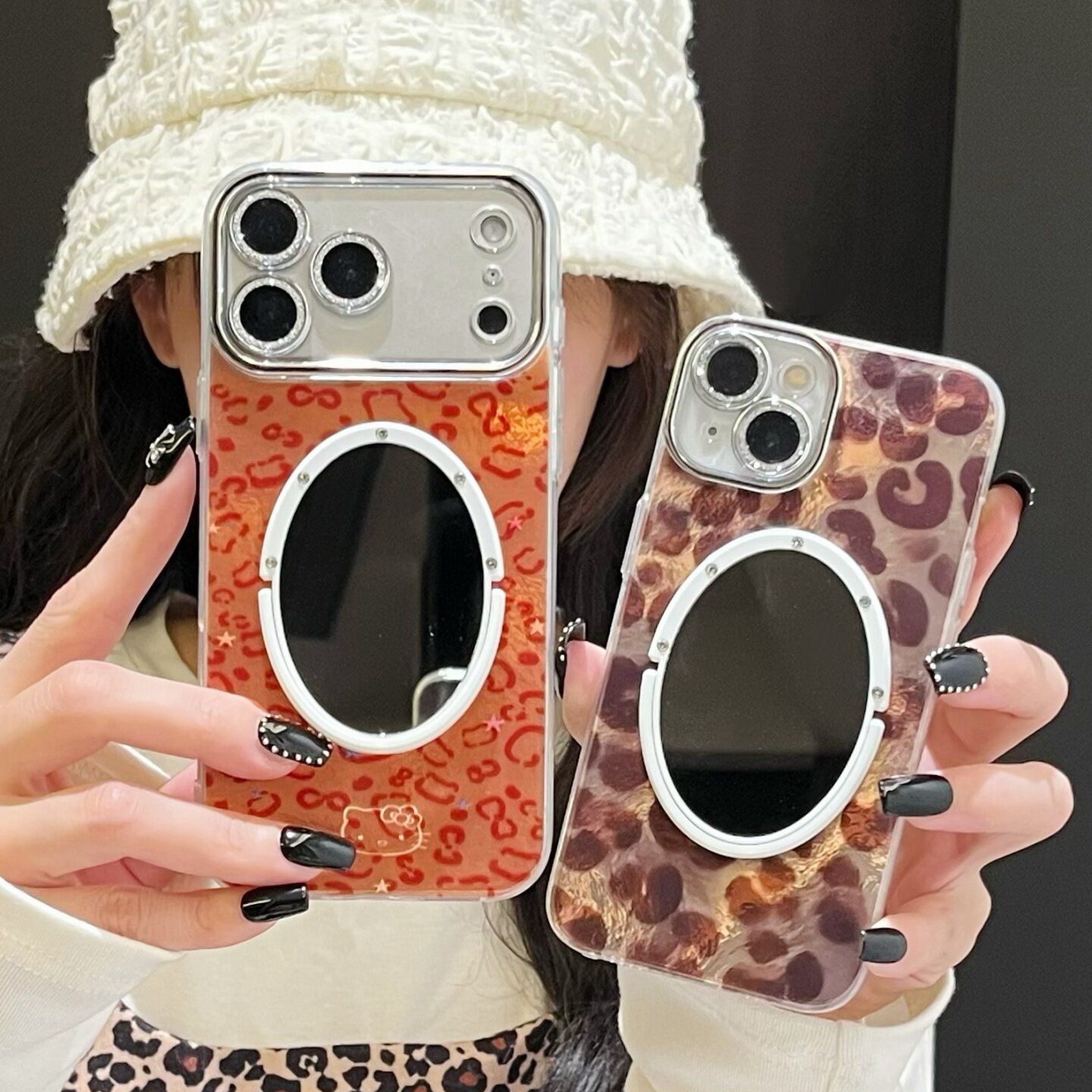 橙色锡纸豹纹kt猫适用iphone16/17promax镜子手机壳13/14苹果15pro冰川纹保护壳星星全包带镜头膜全豹棕色女