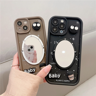 咖啡立体公仔iphone17镜子手机壳肤感16promax苹果15pro适用13/14黑色煤球保护壳气囊加厚硅胶套全包新款气垫