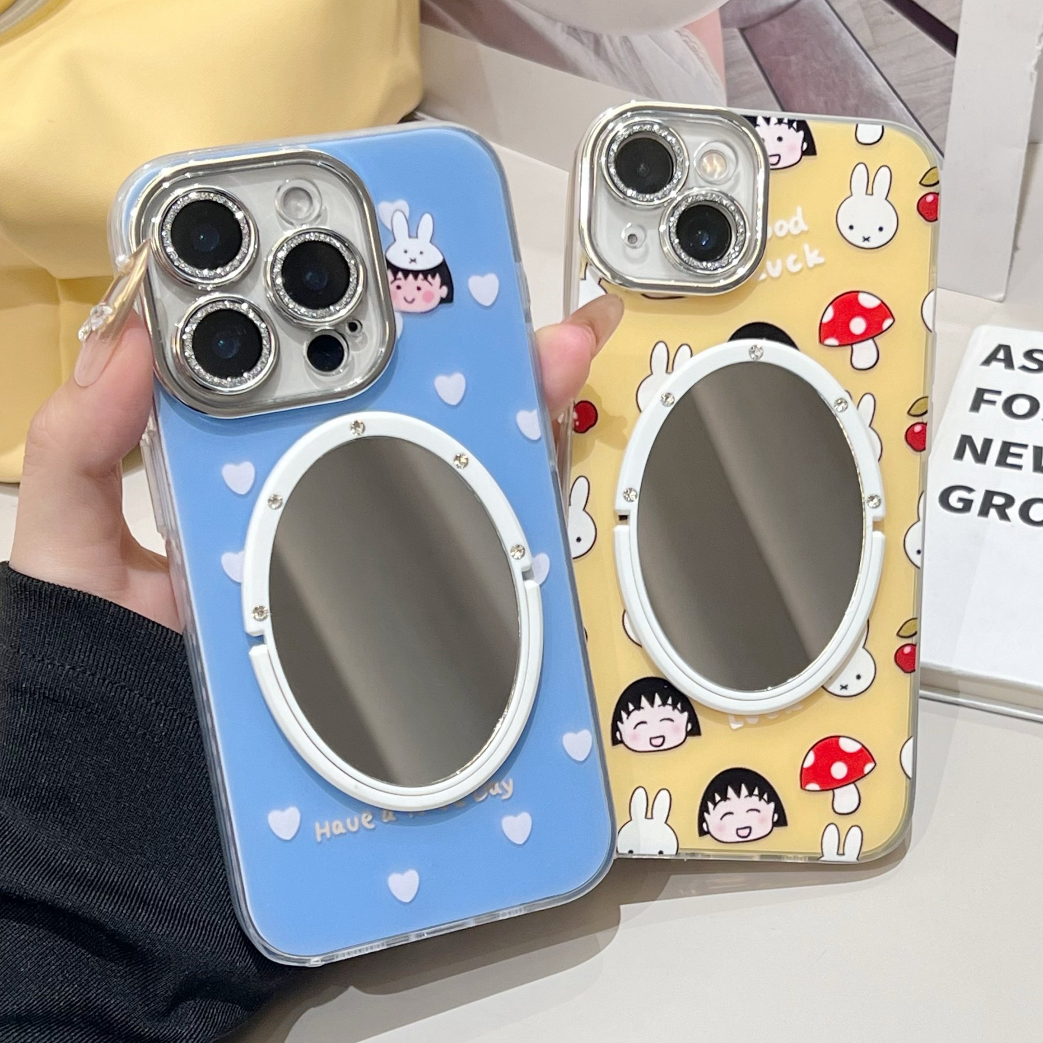 小丸子可爱蘑菇适用iphone17pro/16promax镜子手机壳爱心米菲兔15pro苹果13/14全包摄像头镜头膜保护壳卡通女