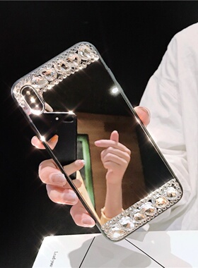 全玻璃镜面壳适用iphone16镶钻镜子手机壳13/14苹果17promax手机壳硅胶保护壳15pro软高级感补妆镜个性新款女