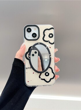 华为mate60pro/pura70线条花朵素描p60/mate70pro镜子手机壳黑色山茶花nova10/荣耀90适用小清新新款艺术亮面