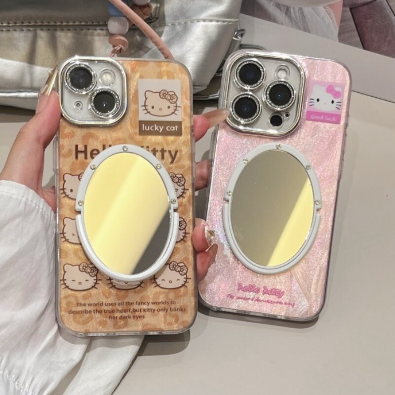 可爱kt猫镜子iphone16/17promax手机壳棕色豹纹15pro苹果13/14pro全包镜头膜保护壳甜酷粉色凯蒂猫适用羽纱女