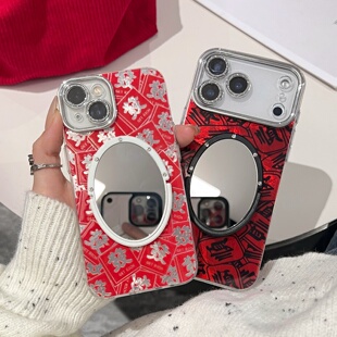 新年款红色发适用iphone17/16promax镜子手机壳锡纸冰川纹13/14苹果15/17pro文字顺保护壳全包镜头膜中国风软
