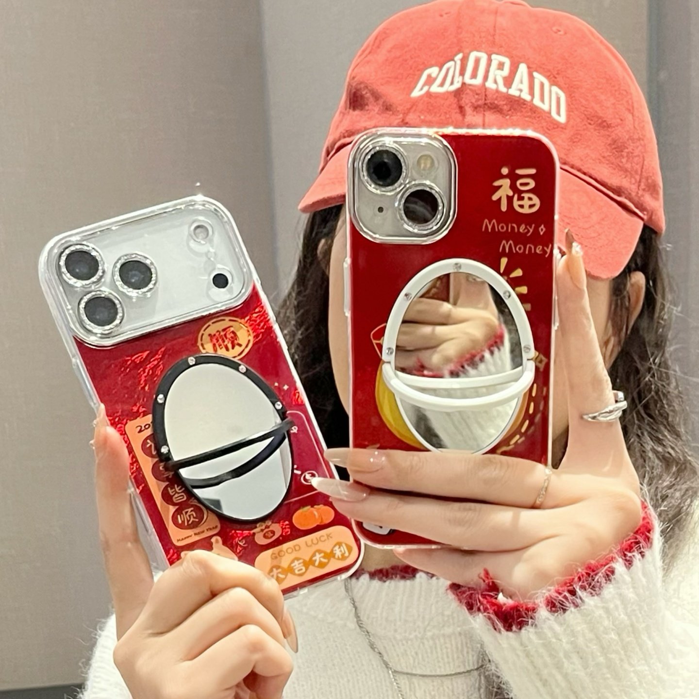 马年新年红福文字财神爷适用iphone17/16promax镜子手机壳发顺13/14苹果15/17pro大吉大利保护壳冰川锡纸纹软